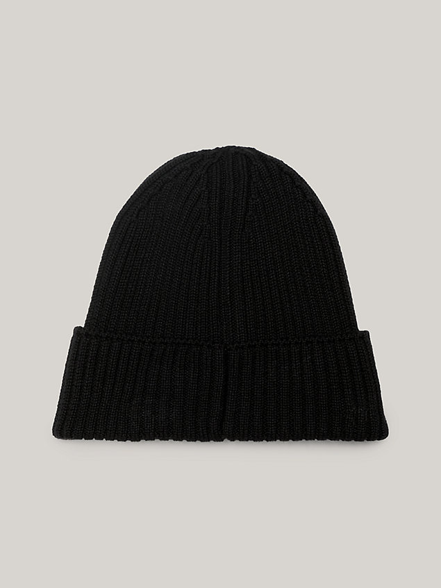 black rib-knit flag embroidery beanie for men tommy jeans