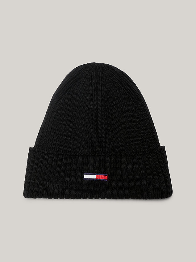 black rib-knit flag embroidery beanie for men tommy jeans