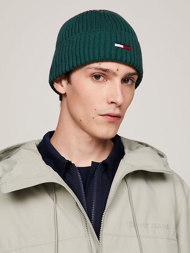 green rib-knit flag beanie for men tommy jeans