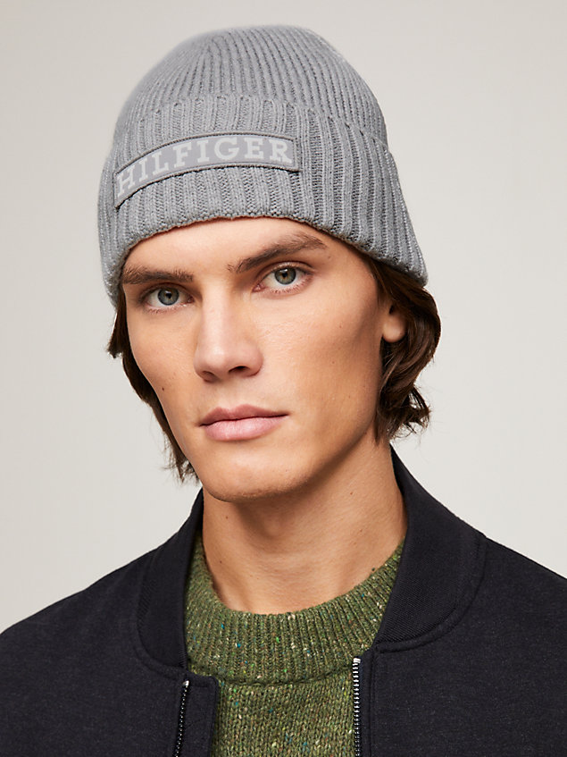 grey hilfiger monotype logo embroidery beanie for men tommy hilfiger