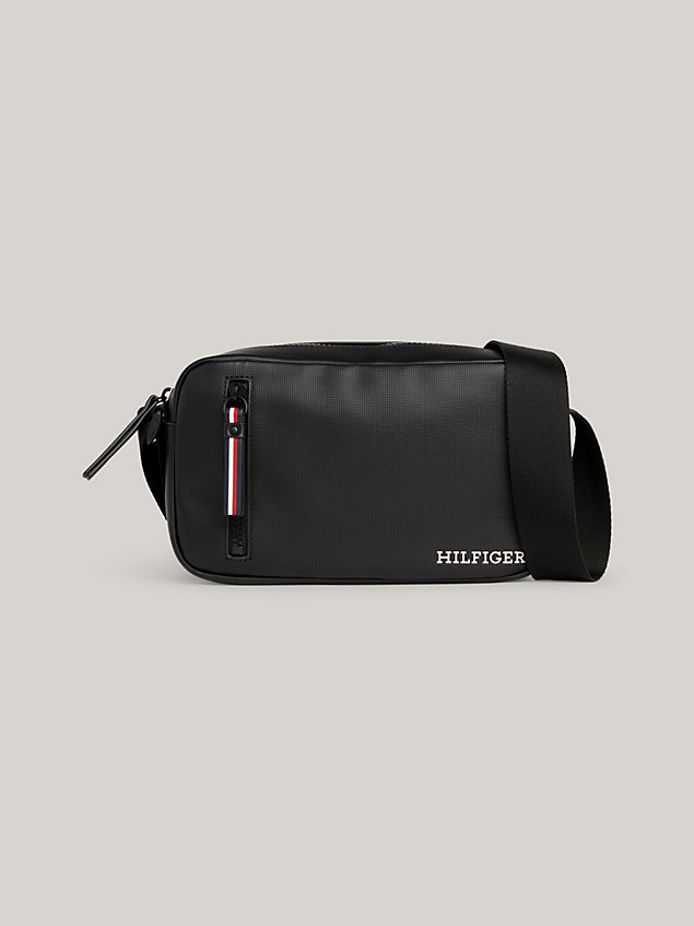 black pique textured small camera bag for men tommy hilfiger