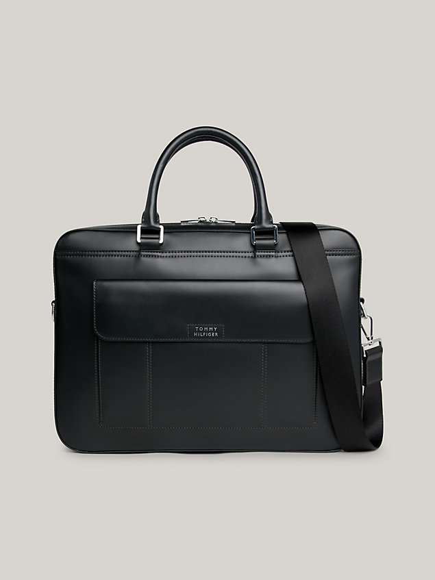 black leather laptop-tasche mit logo für herren - tommy hilfiger