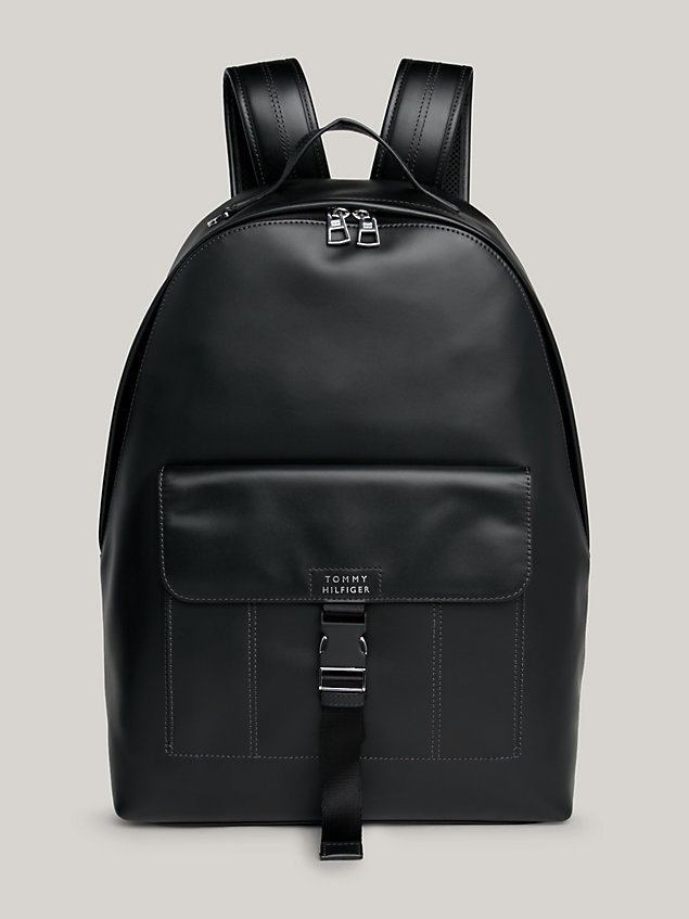 black leather clip pocket backpack for men tommy hilfiger