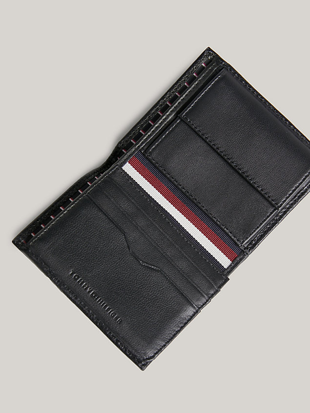 black leren trifold portemonnee met logo voor heren - tommy hilfiger
