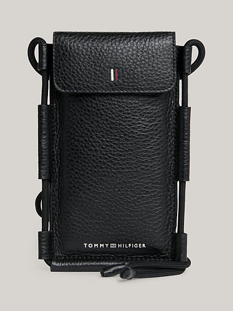 black leather logo phone pouch for men tommy hilfiger