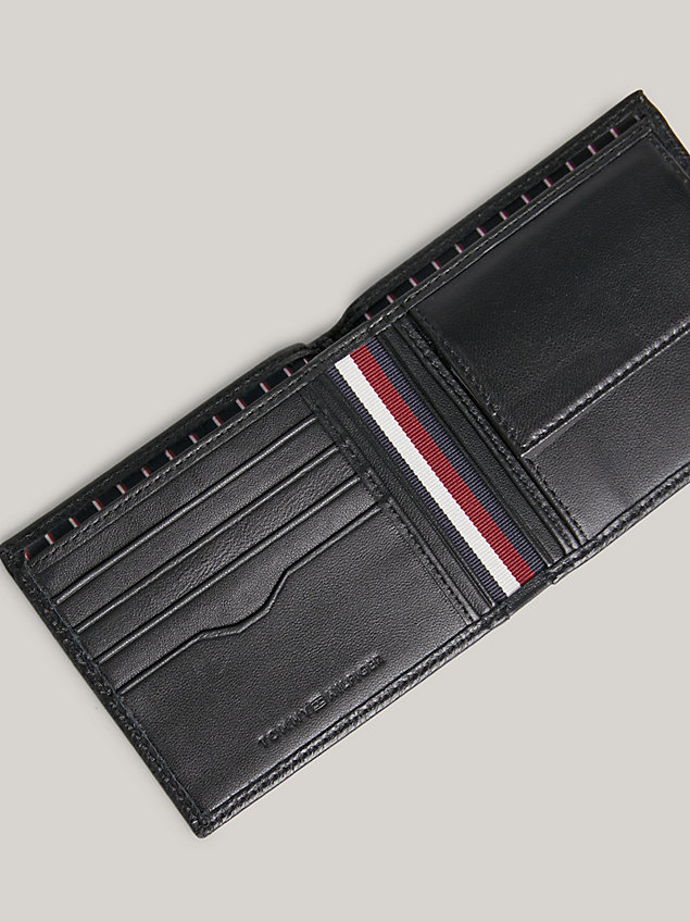 black leren creditcard- en muntportemonnee met logo voor heren - tommy hilfiger