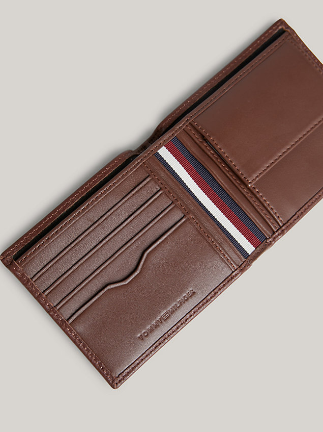 brown leren creditcard- en muntportemonnee met logo voor heren - tommy hilfiger