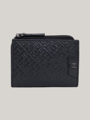 TH Monogram Embossed Leather Trifold Wallet, BLACK