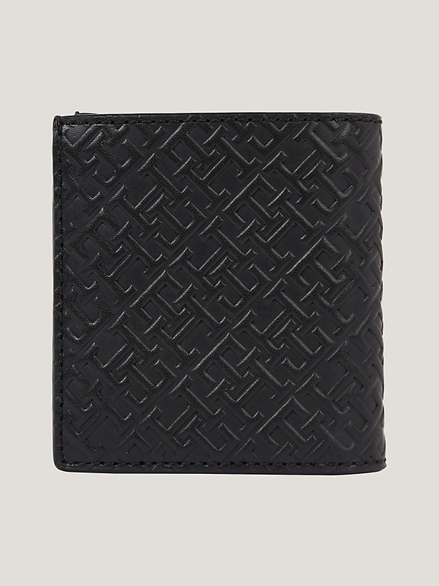 black th monogram embossed leather trifold wallet for men tommy hilfiger
