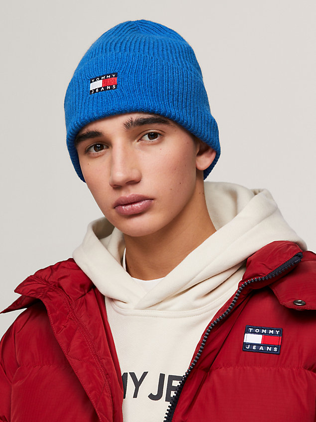 blue heritage badge rib knit beanie for men tommy jeans