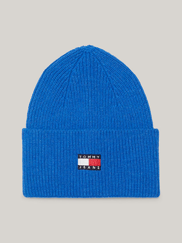 blue heritage badge rib knit beanie for men tommy jeans