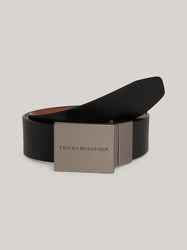 black plaque buckle leather reversible belt for men tommy hilfiger