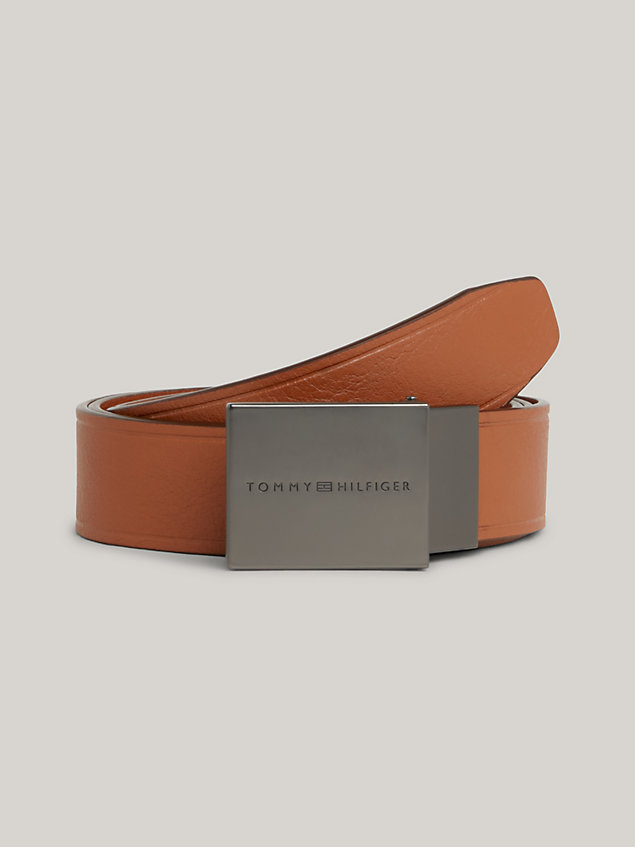 brown square plaque buckle leather belt for men tommy hilfiger