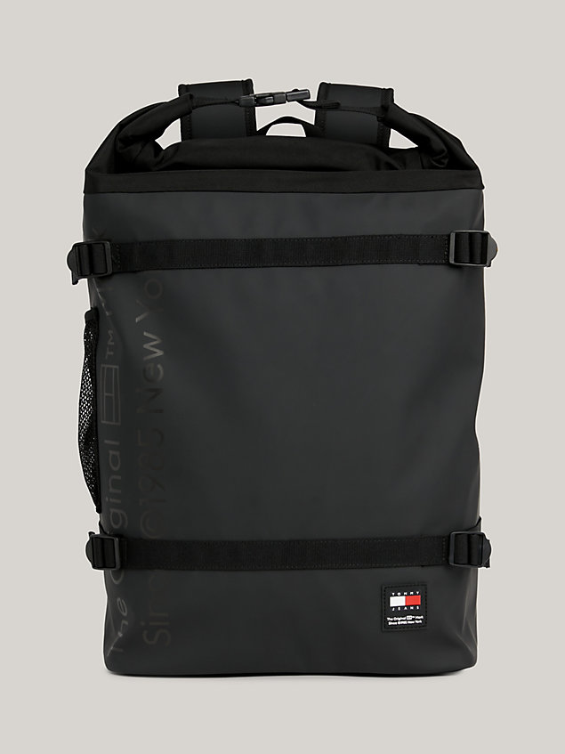 black essential tonal logo medium roll-top backpack for men tommy jeans
