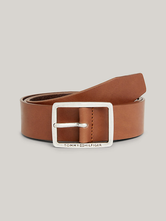 brown logo square buckle leather belt for men tommy hilfiger