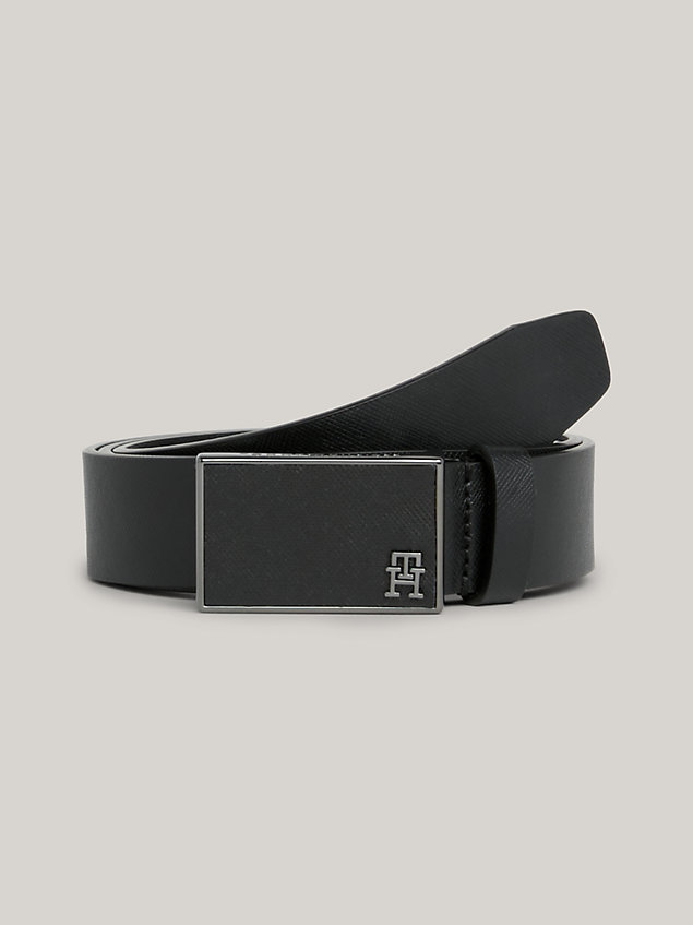 black th monogram plaque buckle leather belt for men tommy hilfiger