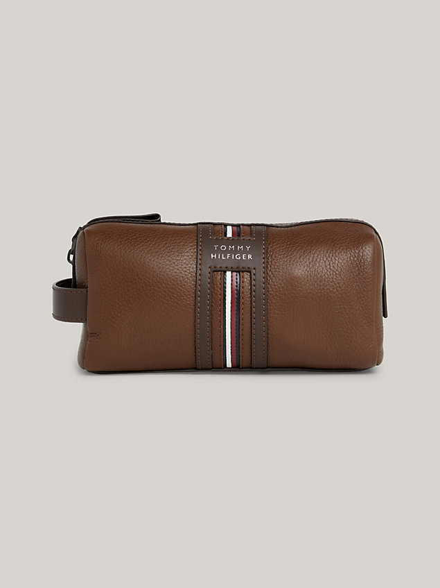 brown premium leather logo washbag for men tommy hilfiger