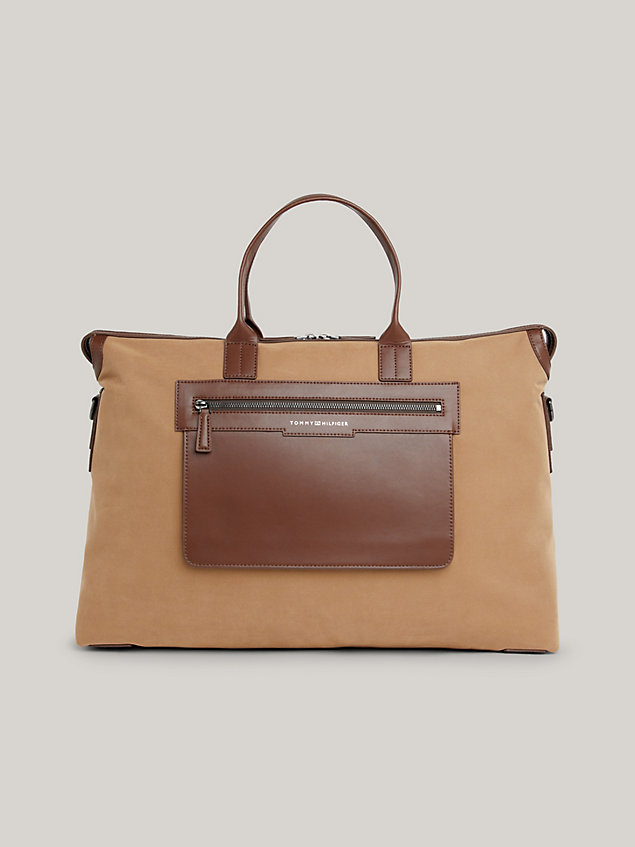 brown classics canvas leather trim duffel bag for men tommy hilfiger