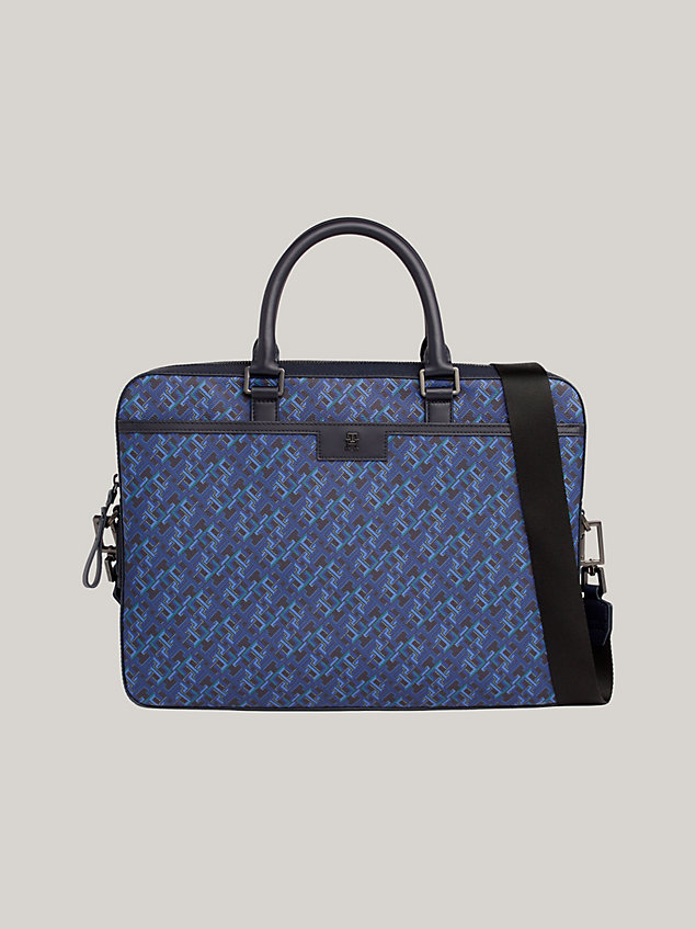 blue th monogram textured laptop bag for men tommy hilfiger
