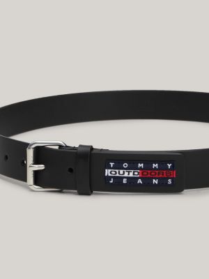 black logo patch roller buckle leather belt for men tommy jeans