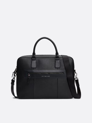 Premium Business Textured Leather Laptop Bag Black Tommy Hilfiger