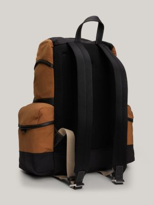 brown two-tone multi-pocket backpack for men tommy hilfiger