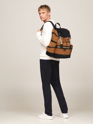 brown two-tone multi-pocket backpack for men tommy hilfiger