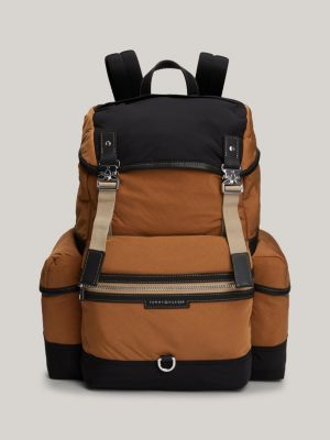 brown two-tone multi-pocket backpack for men tommy hilfiger