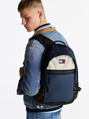 blue rubberised logo colour-blocked backpack for men tommy jeans