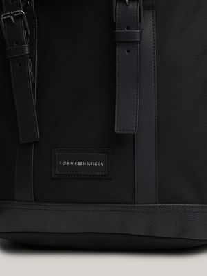 black casual mixed texture flap backpack for men tommy hilfiger