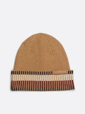 beige corporate wool blend knit beanie for men tommy hilfiger