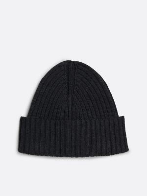 black hilfiger monotype rib-knit beanie with wool for men tommy hilfiger