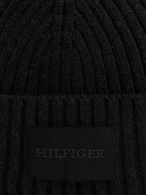 black hilfiger monotype rib-knit beanie with wool for men tommy hilfiger