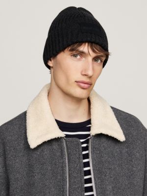 black hilfiger monotype rib-knit beanie with wool for men tommy hilfiger