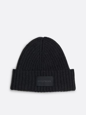 black hilfiger monotype rib-knit beanie with wool for men tommy hilfiger