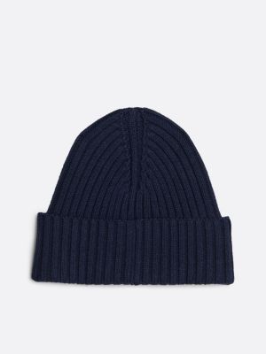 blue hilfiger monotype rib-knit beanie with wool for men tommy hilfiger