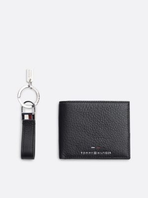 set premium portafogli e portachiavi in pelle nero da uomini tommy hilfiger