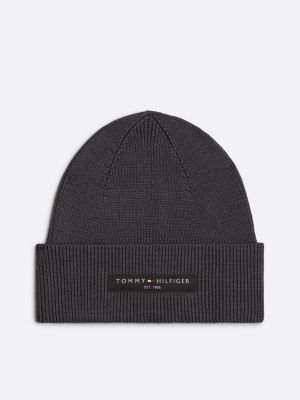 grey beanie mit umschlag und logo-patch für herren - tommy hilfiger