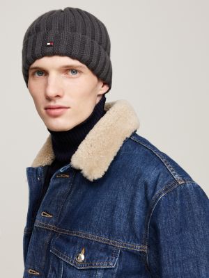 grey cashmere rib knit beanie for men tommy hilfiger