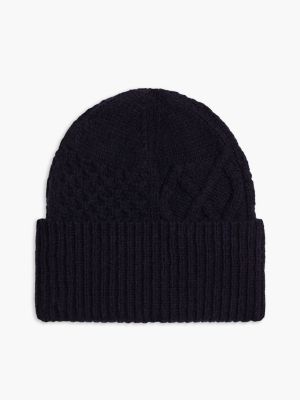 blauw gemengd gebreide beanie met wol en vlag voor heren - tommy hilfiger