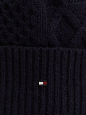 blauw gemengd gebreide beanie met wol en vlag voor heren - tommy hilfiger