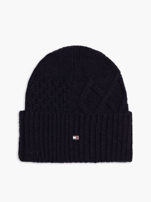 blauw gemengd gebreide beanie met wol en vlag voor heren - tommy hilfiger