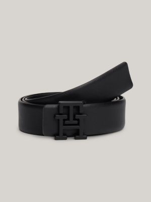 black th monogram plaque buckle leather belt for men tommy hilfiger