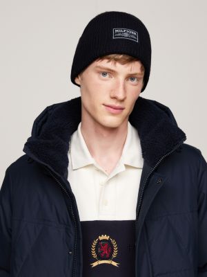 blue hilfiger monotype rib-knit wool beanie for men tommy hilfiger