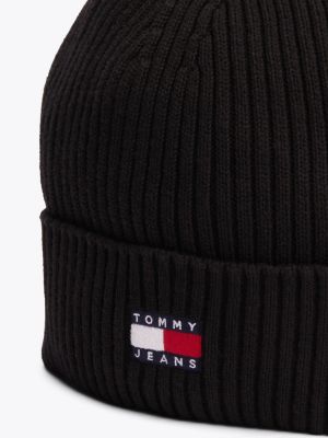 black heritage rib-knit beanie for men tommy jeans