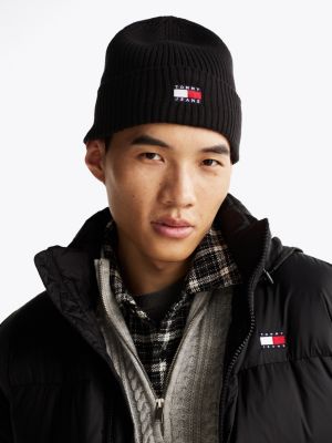 black heritage rib-knit beanie for men tommy jeans