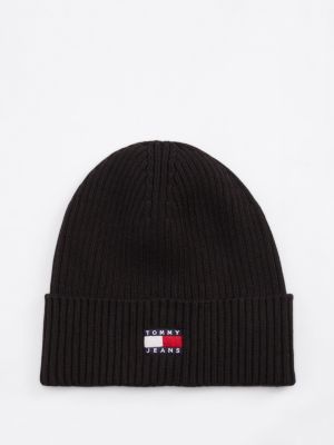 black heritage rib-knit beanie for men tommy jeans