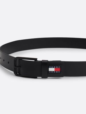 black rubberised badge leather belt for men tommy jeans