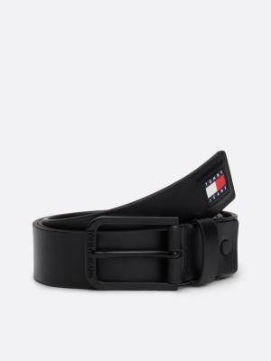 black rubberised badge leather belt for men tommy jeans