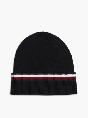 black corporate signature tape beanie for men tommy hilfiger